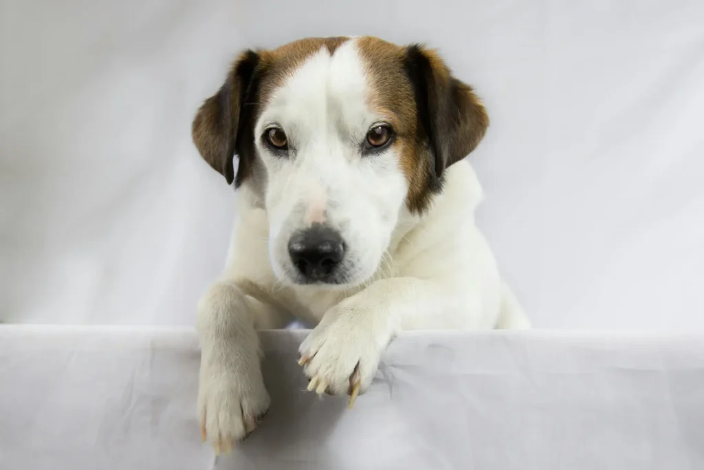 Terrier dog hanging over back of sofa